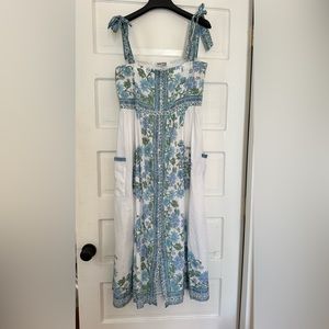 Juliet Dunn Blue Rose Border Tie Shoulder Dress